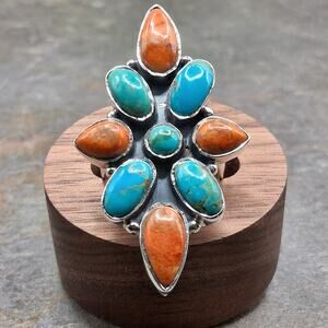 Southwestern Turquoise Spiny Oyster Cluster Ring Size 6-10 Sterling Silver